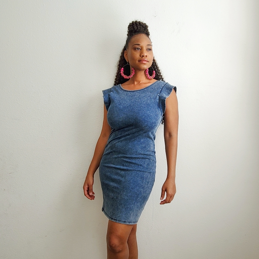 Stretch Denim Ruffle Sleeve Dress